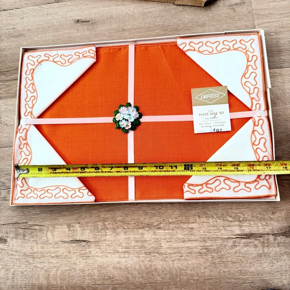 NIB Vtg Empress 8 PCs Placemat Place Mat Set Mats & Napkins‎ Orange Embroidered